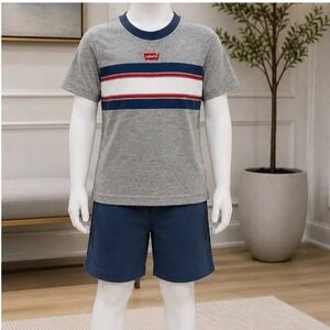 Levi's Boys Two Piece Set Gray Striped Tee Blue Shorts 4T